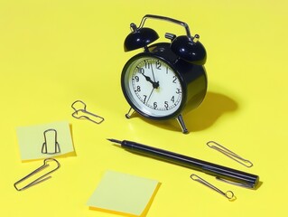 Black alarm clock with office supplies on yellow background