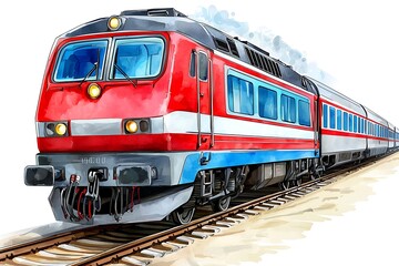 Red and Blue Train on Railroad Tracks in Vibrant Watercolor Style