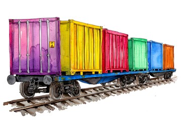 Obraz premium Vibrant Colorful Freight Train Carriages on Railway Tracks