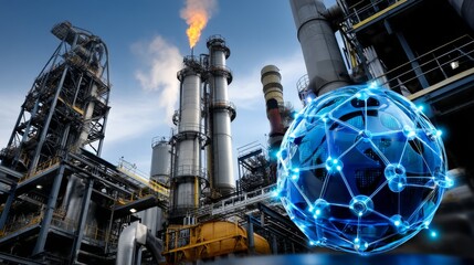 Complex industrial plant with network globe overlay, under a blue sky