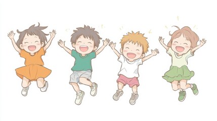 Group of children jumping and laughing together on a white background. Simple style illustration. Cute and dreamy colorful cartoon characters with happy expressions. Vector file has clean lines. illu