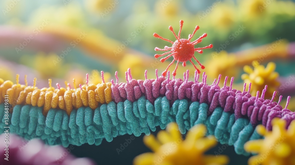 Poster microscopic view of virus attacking a cell membrane with colorful