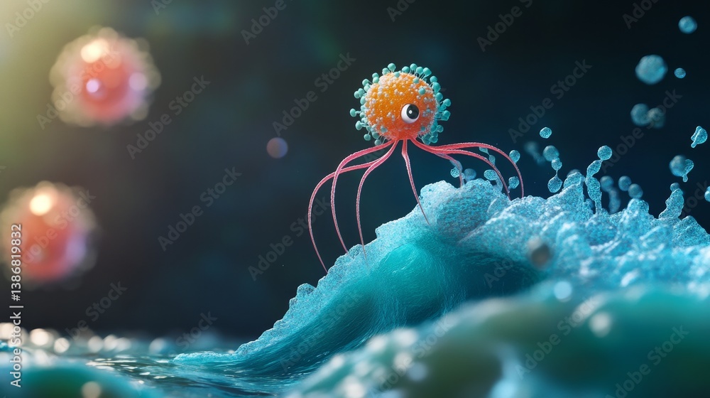 Poster abstract depiction of a virus or cell-like object interacting with