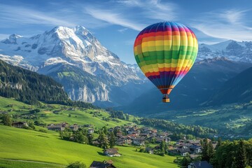 Fototapeta premium A rainbow hot air balloon soars over a green valley, with snow-capped mountains in the background