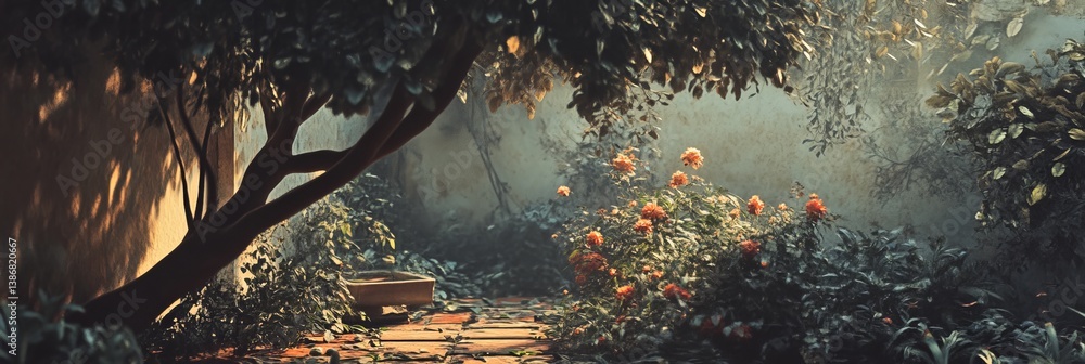 Poster dreamy garden scene with trees foliage and soft light creating