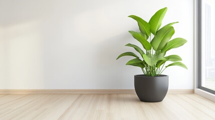 A vibrant green plant in a sleek pot, set against a bright, minimalist interior with wooden flooring and large windows.