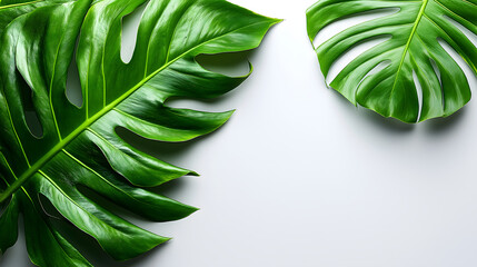 Monstera Leaf Texture: Close-up studio shot featuring a pair of vibrant green monstera leaves, their intricate textures and natural beauty emphasized, providing a fresh, botanical aesthetic.