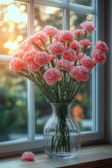 Floral Serenity: A glass vase is filled with fresh pink carnations, resting gracefully on a sunlit windowsill. The gentle light accentuates the delicate petals, adding a tranquil ambiance.