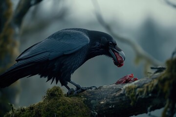 A large black bird holds meat in its beak proudly