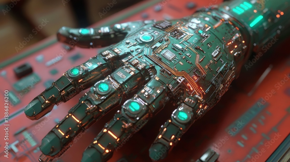Poster futuristic robotic hand displaying intricate circuitry and lights