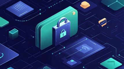 Isometric Technology concept, Data protection and cyber security, padlock with network digital