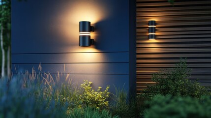 of modern exterior lighting on a house wall with wooden slats and blue walls.