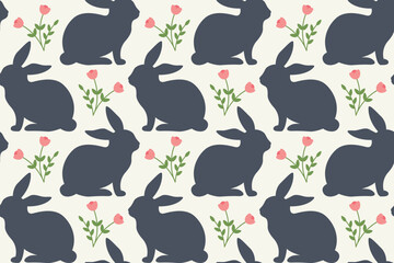 Seamless Easter pattern with dark gray bunny silhouettes and pink flowers on a light background. Cute and elegant spring design for wrapping, textiles, and digital paper