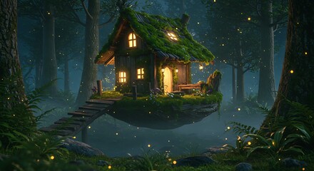 Fototapeta premium Enchanted Forest Cottage: A Nighttime 3D Render AI Generated