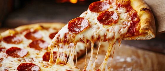 Pepperoni pizza slice being lifted from a woodfired oven, cheese stretching