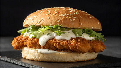 Mouthwatering Crispy Fried Chicken Sandwich with Fresh Lettuce and Sauce
