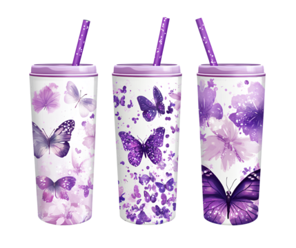  Three different designs of skinny tumblers, each design featuring butterflies and purple sparkles  on a transparent background png