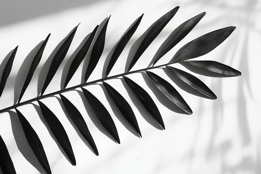 A striking black leaf with elegant lines casting shadows on a white background.