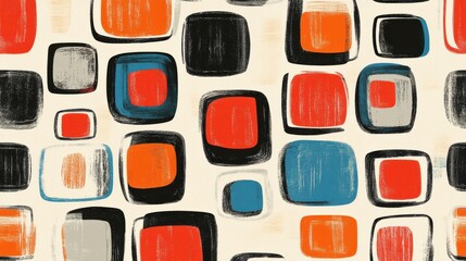 Abstract geometric pattern with rounded rectangles in red, black, orange, and blue on a beige background. illustration
