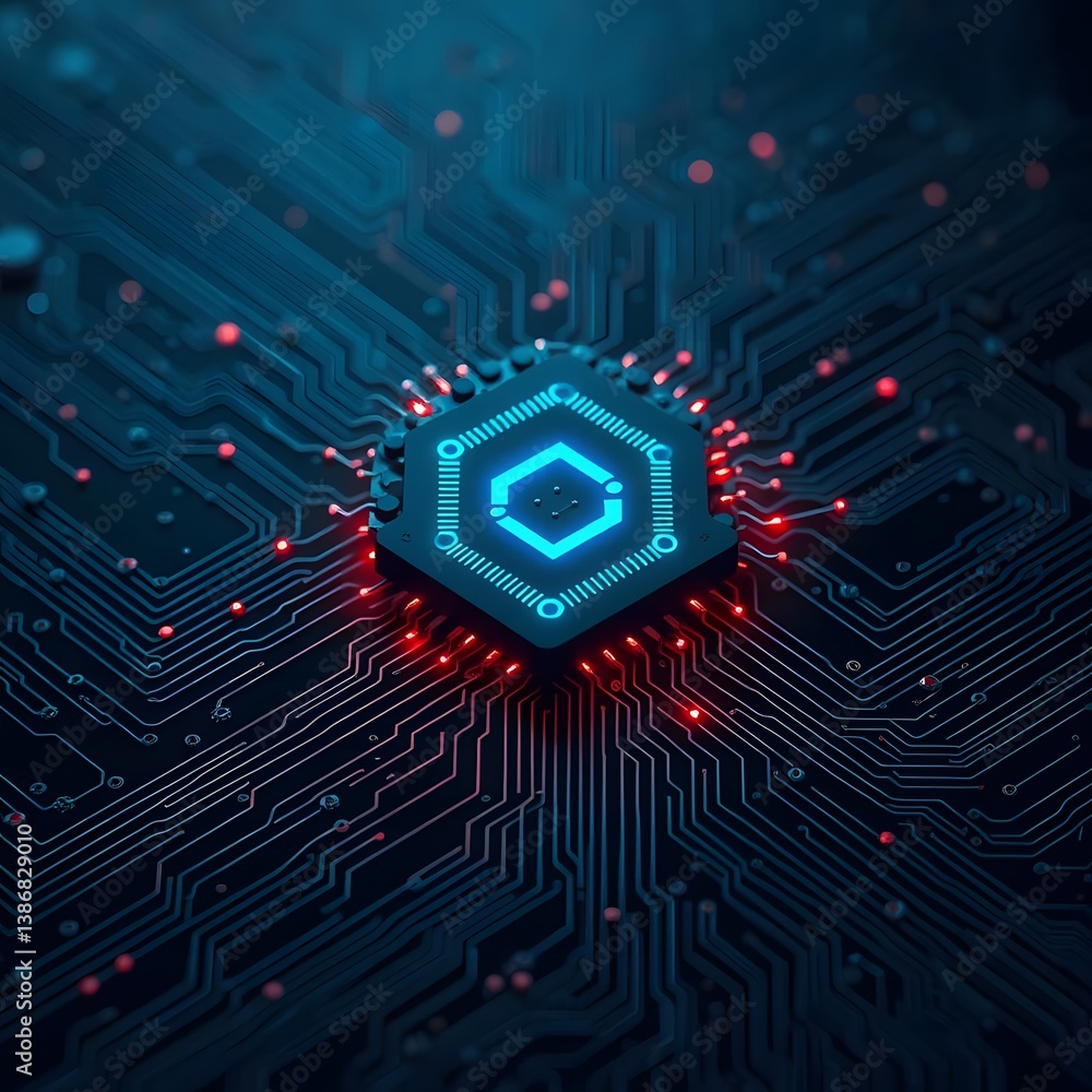 Aufkleber illuminated hexagon core on futuristic circuit board glowing blue and red lights abstract technology
