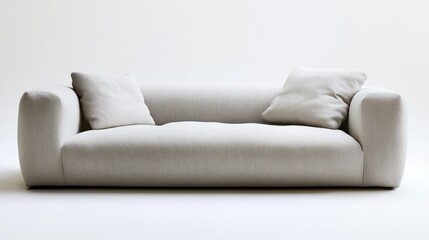 Fototapeta premium A modern sofa in light gray fabric, with sleek lines and minimalistic design, set against a bright white background.