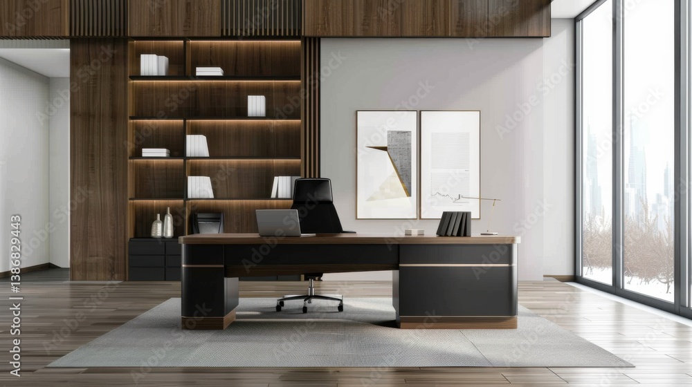 Poster front view of an office desk with organized workspace and minimal design.