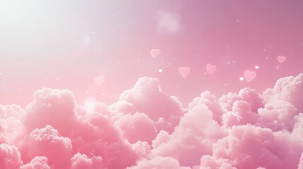 Fototapeta premium Pink background with hearts, clouds and copy space. It's a girl backdrop with empty space for text. Baby shower or birthday invitation, party. Women's Day. Baby girl birth announcement. Generative AI