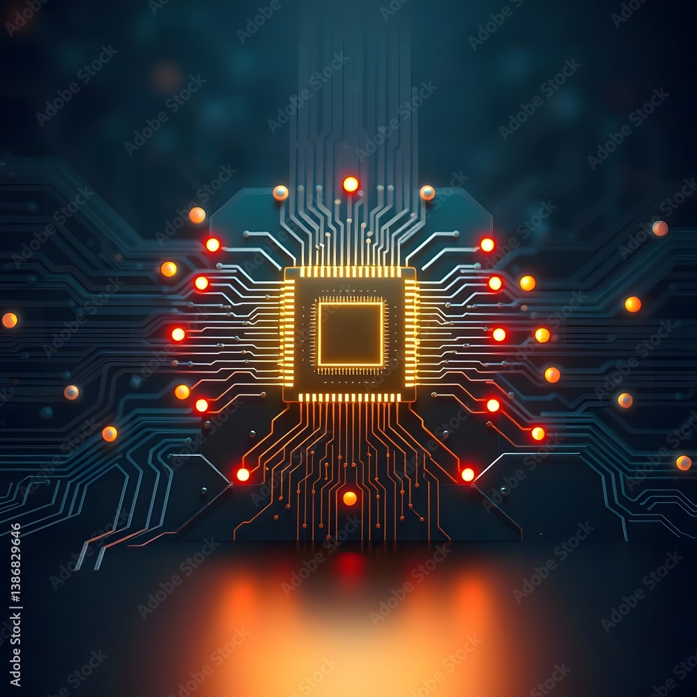 Poster illuminated central processing unit on circuit board glowing orange and red lights technological bac