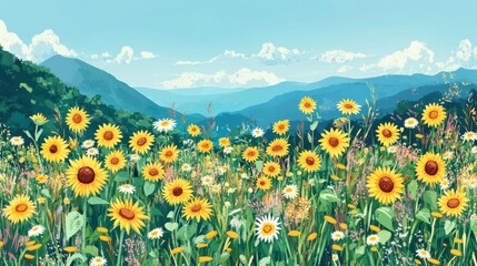 Fototapeta premium Vibrant sunflowers and daisies growing in a mountain meadow in Thailand amidst wild grasses, grasses, meadows illustration