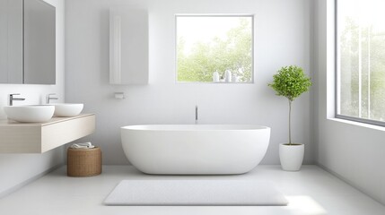 Modern, minimalist bathroom with a bathtub and double vanity.  Natural light streams through a large window