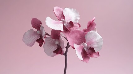 Obraz premium A pink and white orchid, with contrasting petals and subtle accents, isolated on a light lavender background. -