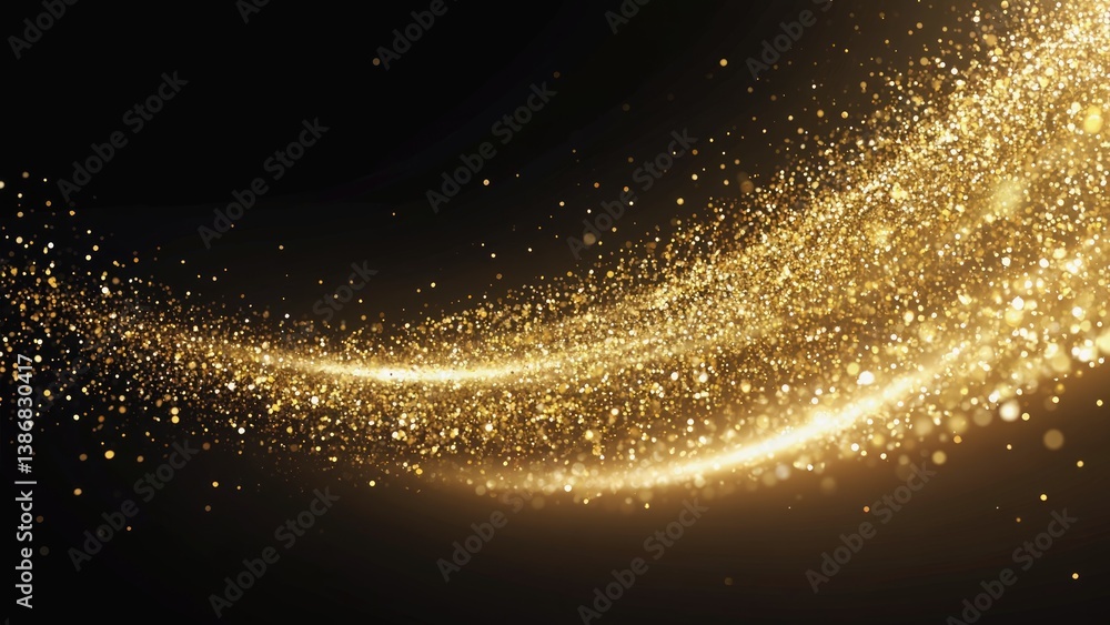 Poster golden flow of particles: a radiant stream of golden particles gracefully winds its way across a dar