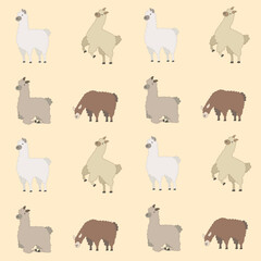 Seamless pattern cute alpaca on cream background with different poses and colors, perfect for kids products, textiles, wrapping paper, and nursery designs