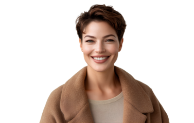 A beautiful woman with short hair, smiling and wearing an oversized brown coat over her beige top