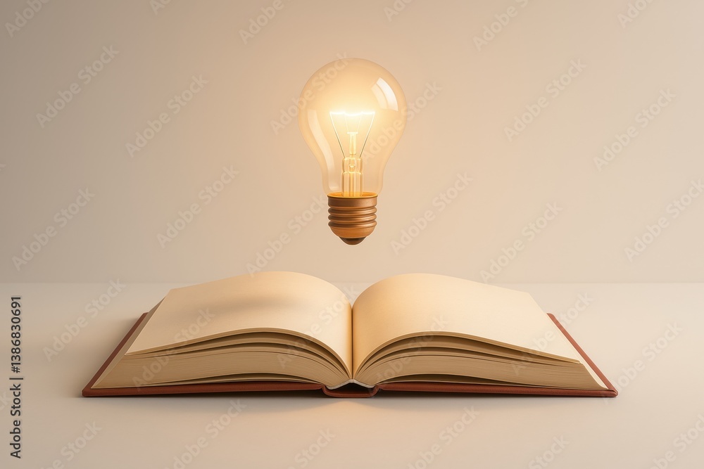 Poster illuminating knowledge: a glowing light bulb hovers above an open book, symbolizing the spark of ide