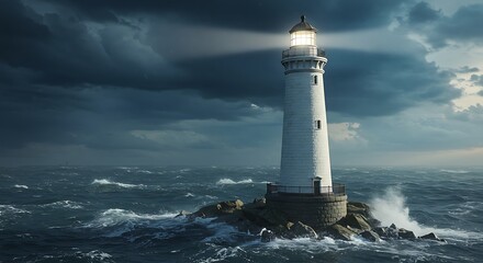 Obraz premium Lighthouse's Beam: Hope Amidst the Storm AI Generated