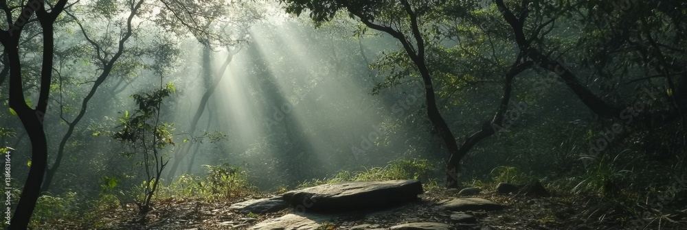 Poster sunlight streams through trees in a forest casting light on
