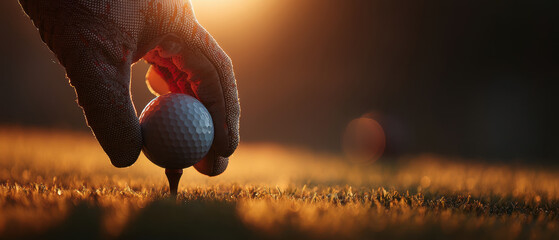 close up of gloved hand carefully placing golf ball on tee during sunset, capturing serene moment of preparation
