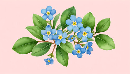 Fototapeta premium Watercolor Forget-me-not Flowers with Green Leaves on Pink Background Illustration