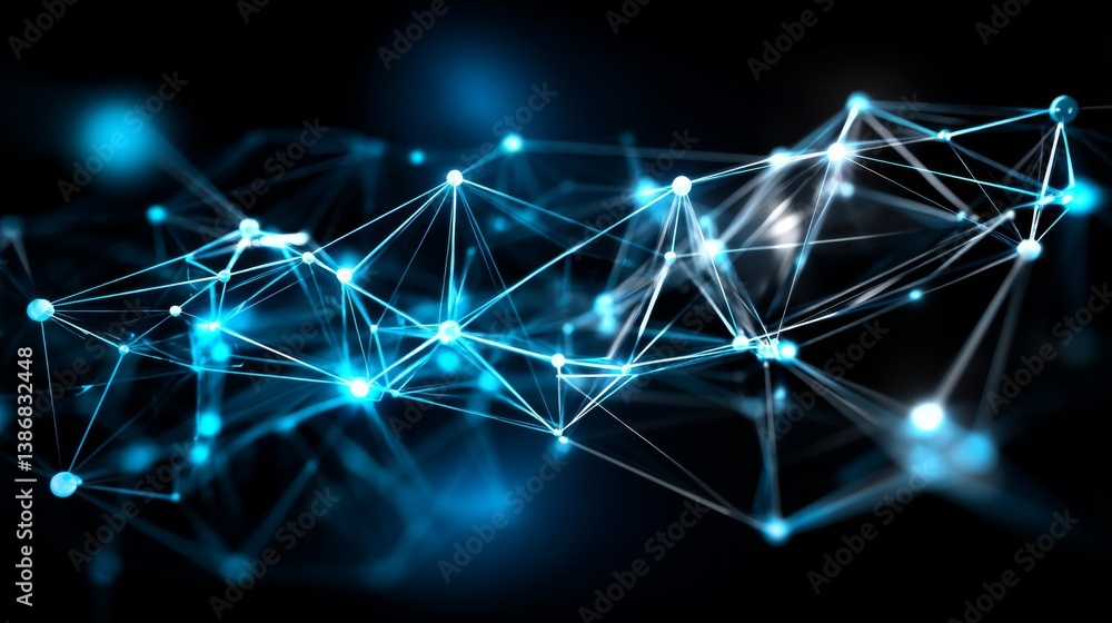 Wall mural glowing blue interconnected nodes form a complex network on a dark background