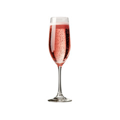 A tall champagne flute filled with sparkling pink liquid, creating effervescent bubbles at the surface.