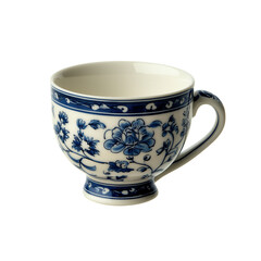 A beautifully crafted ceramic cup featuring intricate blue floral designs and a curved handle.
