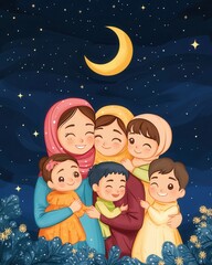 Happy Muslim family hugging under the moon