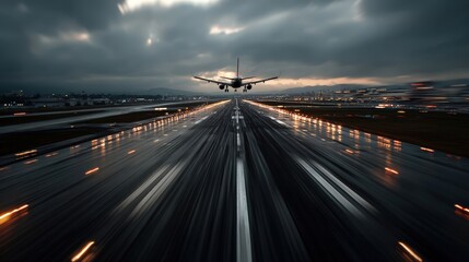 Airplane acceleration runway motion blur image cloudy sky ground level high-fidelity capture