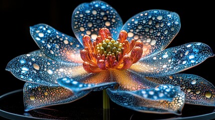 Fototapeta premium A mesmerizing, futuristic flower field, where metallic petals shimmer with holographic colors, an AI-generated vision blending nature and technology in an awe-inspiring symphony of innovation. 