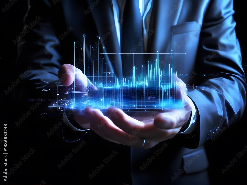 Poster a businessperson carefully presents a holographic data visualization showing dynamic financial chart
