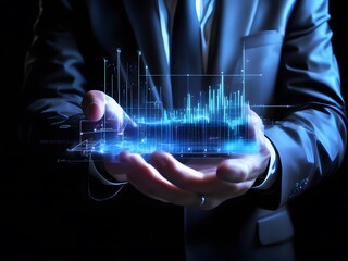 A Businessperson Carefully Presents a Holographic Data Visualization Showing Dynamic Financial Charts and Graphs Representing Technological Advancement