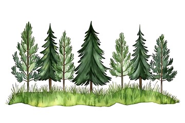 Obraz premium Watercolor Trees with Lush Green Grass on a White Background