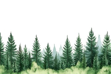 Green Forest with Tall Trees and Soft Watercolor Background