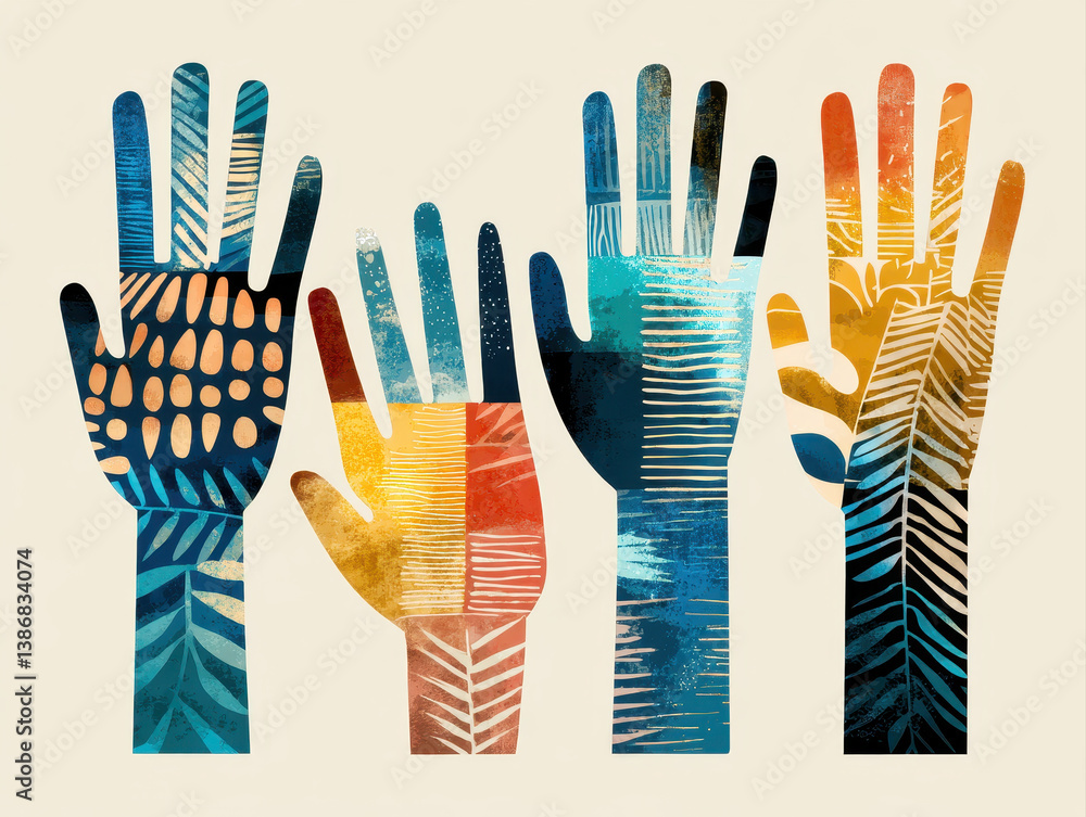 Poster colorful hands with artistic patterns symbolize unity and diversity, showcasing creativity and inclu